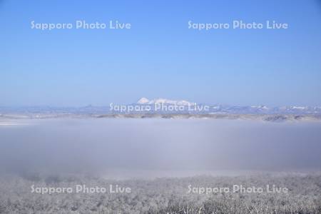 阿寒富士、雌阿寒岳と霧と雪の釧路湿原