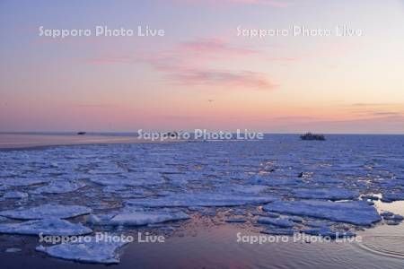 夜明けの羅臼沖流氷と観光船