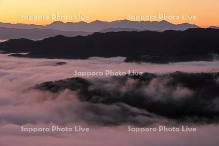 雲海の里かもい岳より朝焼けの雲海と十勝岳連峰