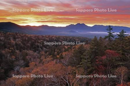 三国峠の紅葉と朝焼けの山並み