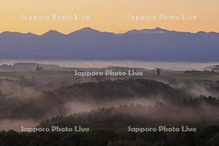 朝霧の丘と十勝岳連峰