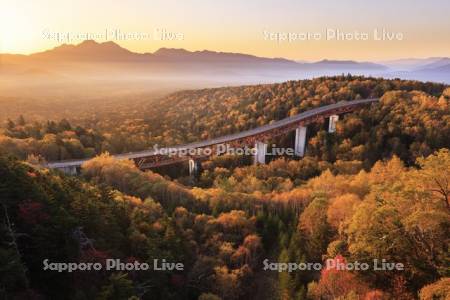 紅葉の三国峠の朝と松見大橋R273