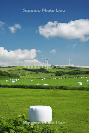 牧草ロールと風力発電と雲