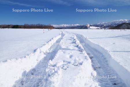 雪の道の重機のタイヤ跡
