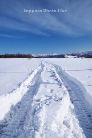 雪の道の重機のタイヤ跡