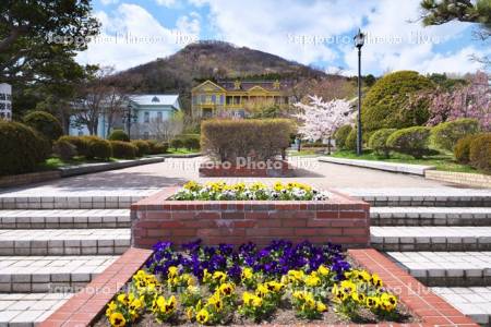 元町公園と旧函館区公会堂と函館山