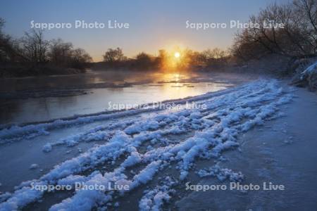 釧路川の日の出とフロストフラワーと氷
