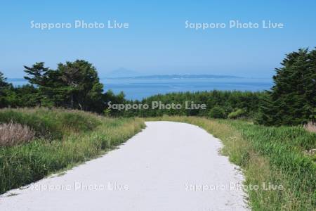 宗谷丘陵のホタテの白い道と利尻島