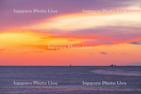 朝の太平洋と漁船