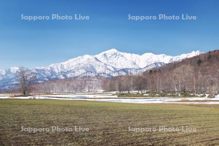 夕張山地と残雪の農地