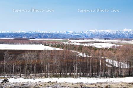 日高山脈と残雪の農地