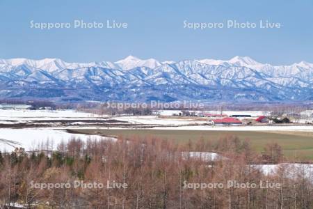 日高山脈と残雪の農地