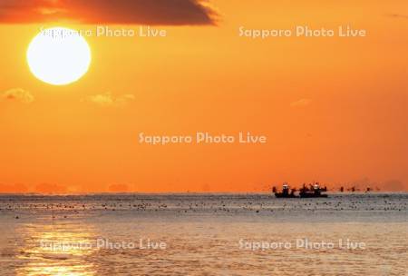 朝陽と漁船