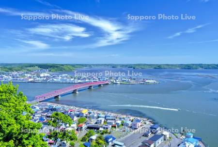 厚岸大橋と厚岸湖の漁船