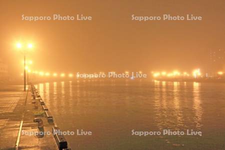 霧に霞む幣舞橋と釧路川