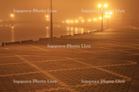 霧の幣舞公園と釧路川