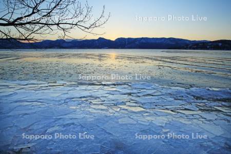 夕日に輝く屈斜路湖の割れ氷
