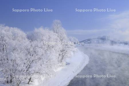 石狩川の霧氷と旭橋