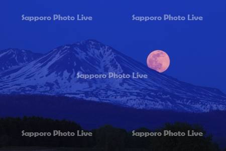 昇る満月と旭岳 ストロベリームーン