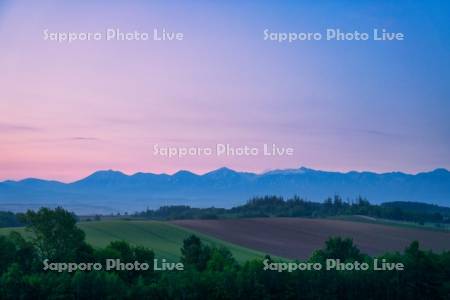 丘の畑と朝焼けの十勝岳連峰