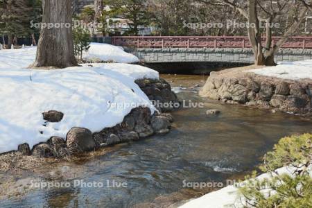 中島公園　雪解けの鴨々川